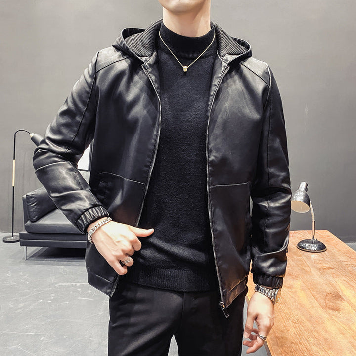 Herr Leatherette med Huva Blouson med Mesh Inre Huva, Smal Siluett och Hel Dragkedjaper