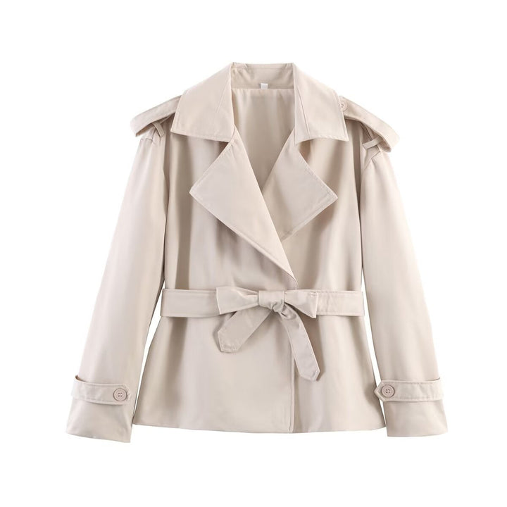 Dam Kort Trenchcoat med Waist Belt, Double-Breasted Front och Shoulder Flaps