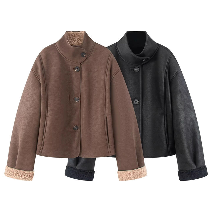 Dam Kort-Skärning Artificial Lambskin Jacka med Ståkrage, Knapp Stängning, och Foldable Faux-Fur Muddar