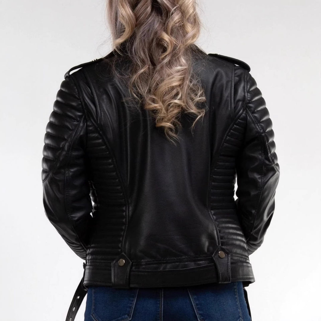 Dam Fashion läder bikerjacka med quiltad detaljer