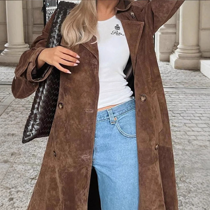 Dam lång Double-Breasted trenchcoat in mocka-Like med midjebälte