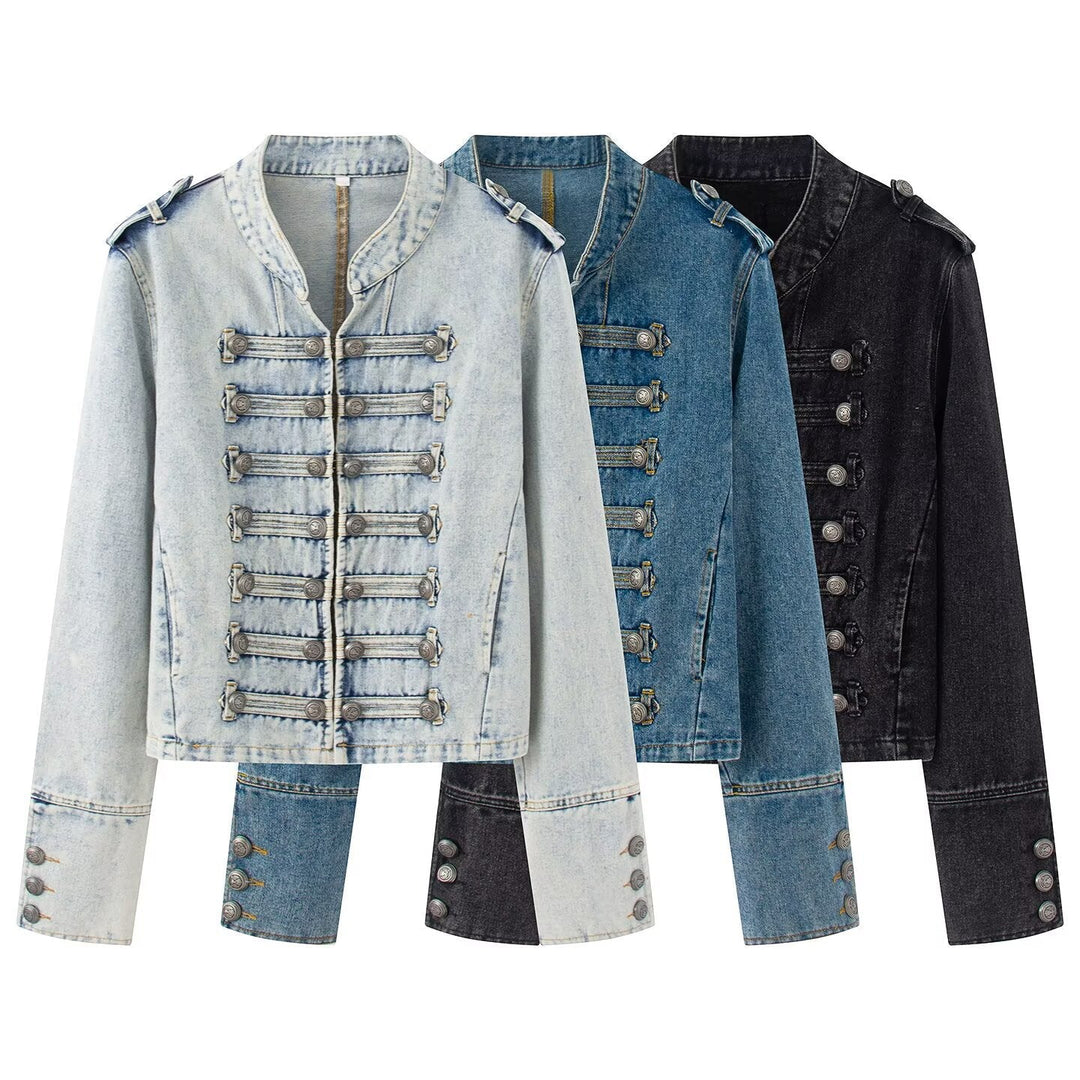 Dam Denimjacka i Military Stil med Dekorativ Knapp Knäppning