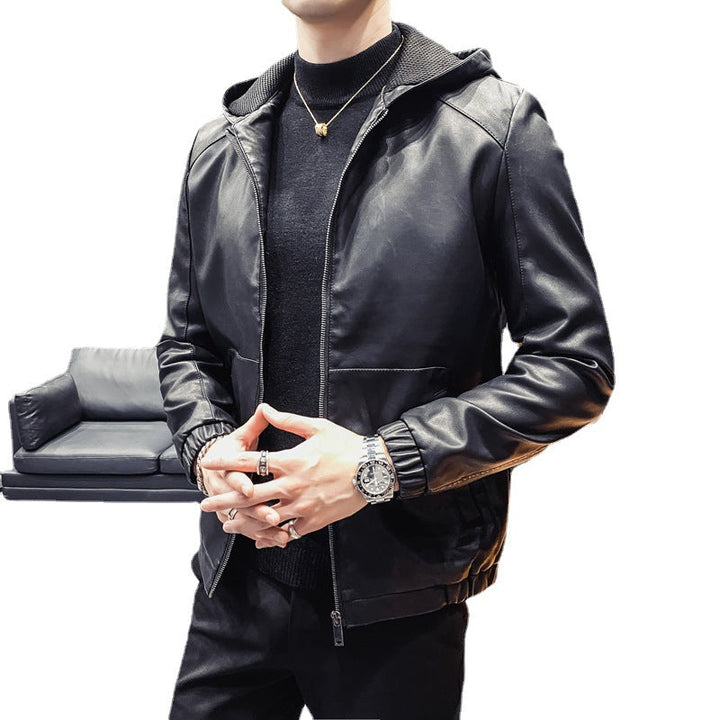 Herr Leatherette med Huva Blouson med Mesh Inre Huva, Smal Siluett och Hel Dragkedjaper