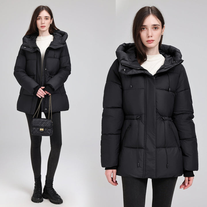 Dam vadderad Mid-Length Parka med huva, Drawstring Waist och dragkedja fickor