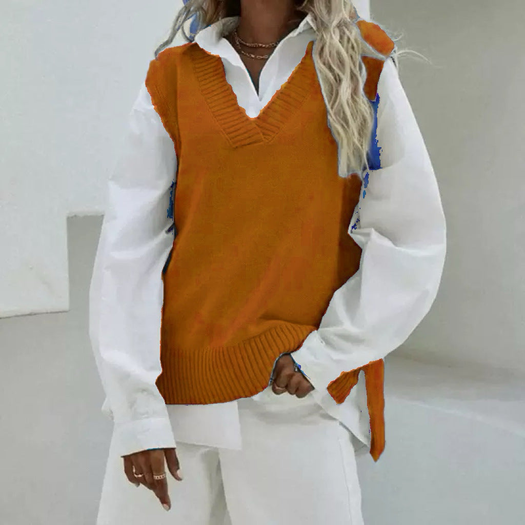 Dam Sleeveless stickad väst med V-Neck och Side Slits