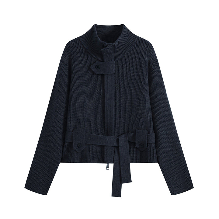 Dam Kort Kofta i Blouson Stil med Stå Krage och Tie Belt