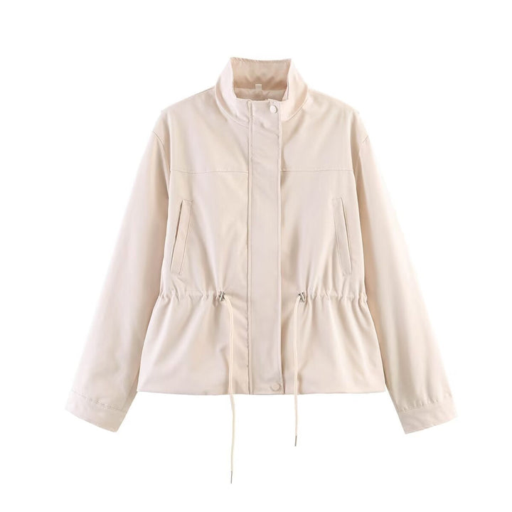 Dam Kort Övergångsjacka med Drawstring Waist och Stå Krage