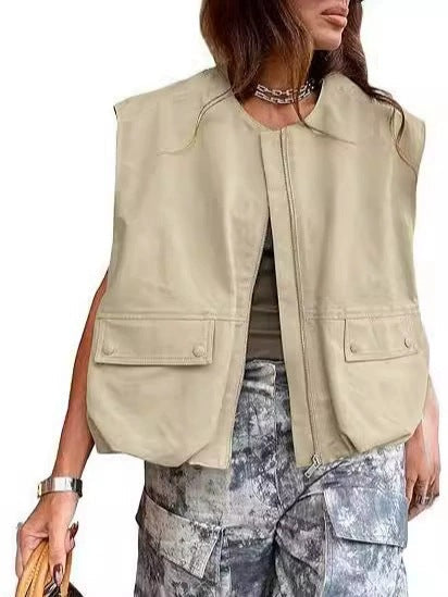 Dam ärmlös utilitarian väst med dragkedja och flap fickor
