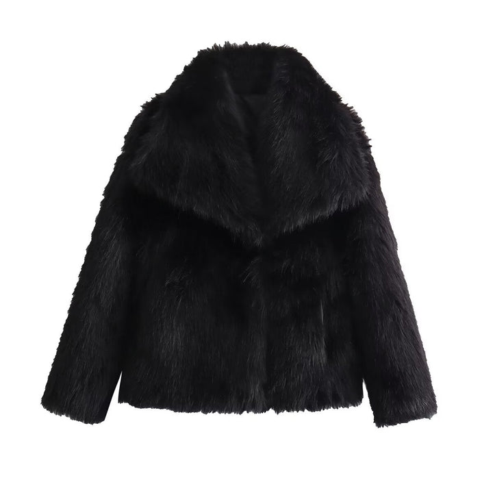 Dam Kort Skärning Vegansk Faux Fur Jacka med Wide Shawl Krage