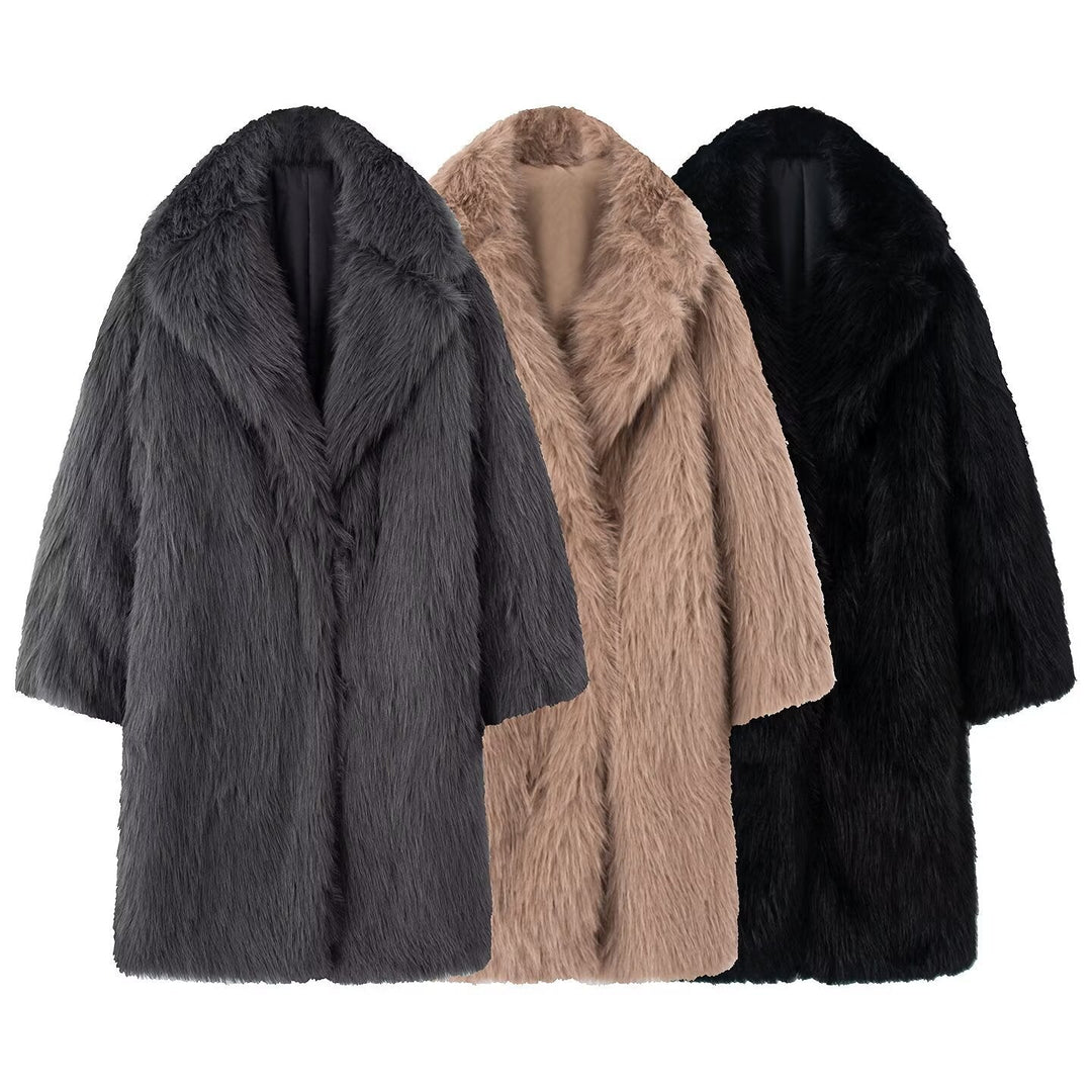 Dam Lång Oversized Konstpäls Kappa med Voluminous Sjalrakrage
