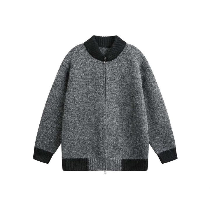 Dam Chunky Stickad Dragkedja Jacka med Hög Ribbad Krage och Two-Tone Muddar