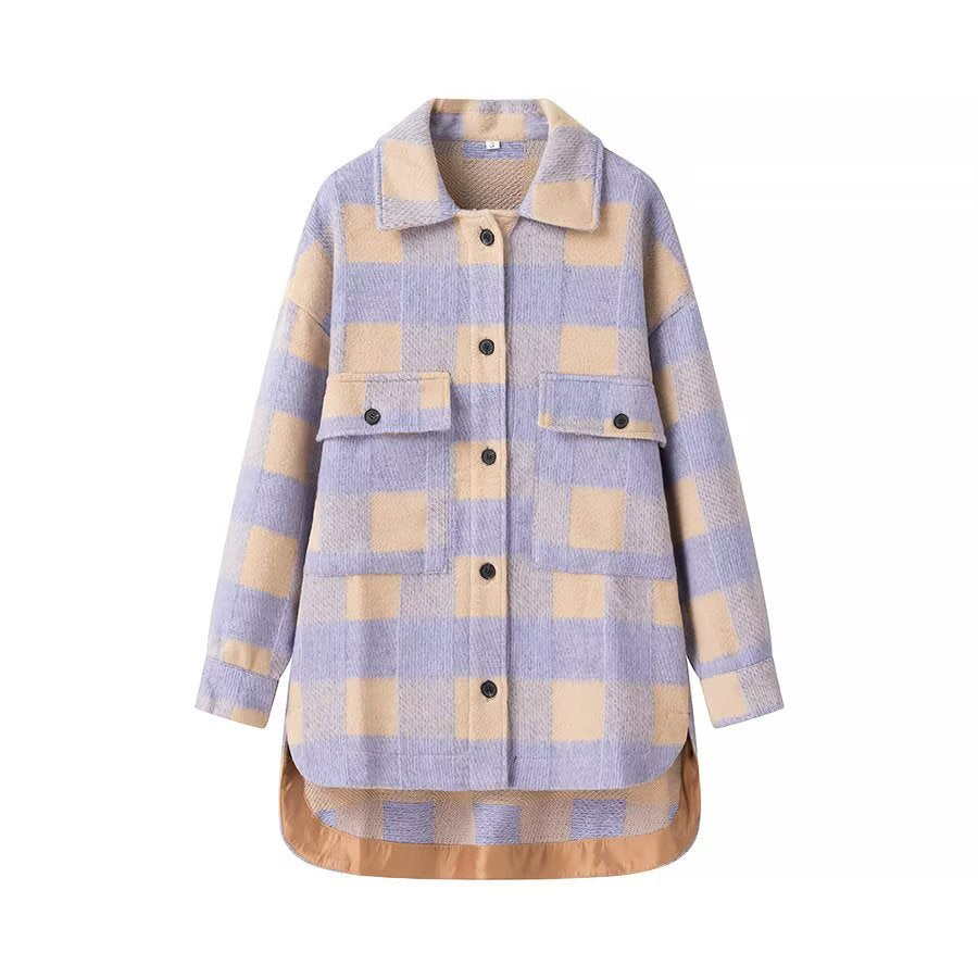 Dam Oversized Rutig Skjorta Jacka med Applied Lockfickor och Extended Fåll