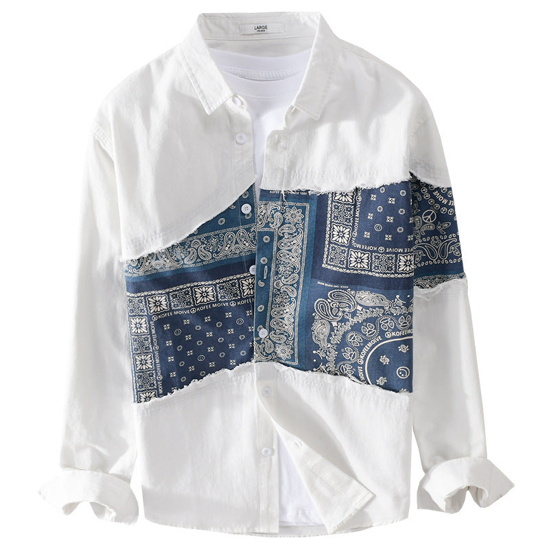 Herr Patchwork Skjortjacka med Bandana Insert, Raw Edges och Lös Passform