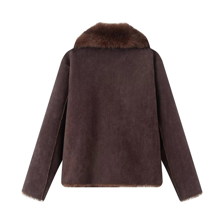 Dam nano kort sheepskin-look jacka med voluminous sjalkrage och concealed knäppning