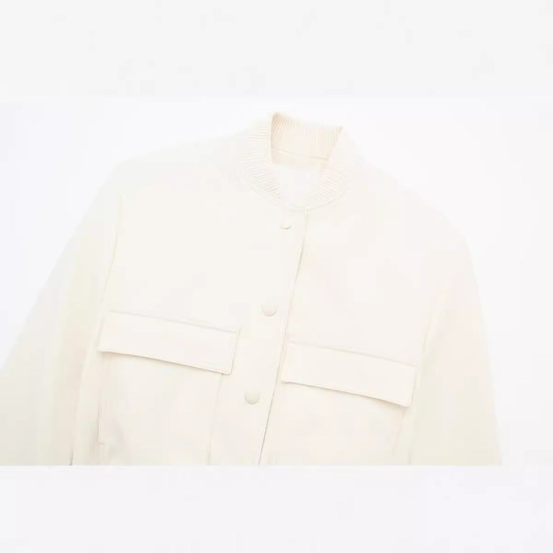 Dam Kort Boxig Blouson Jacka med Dold Tryckknapp Knappar, Lock Fickor och Ribbed Nederkant