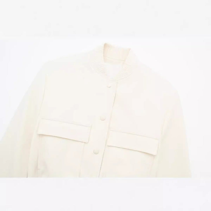 Dam Kort Boxig Blouson Jacka med Dold Tryckknapp Knappar, Lock Fickor och Ribbed Nederkant