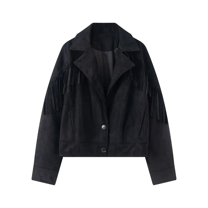 Dam kort mockalook fringe jacka med lapel krage och concealed knäppning