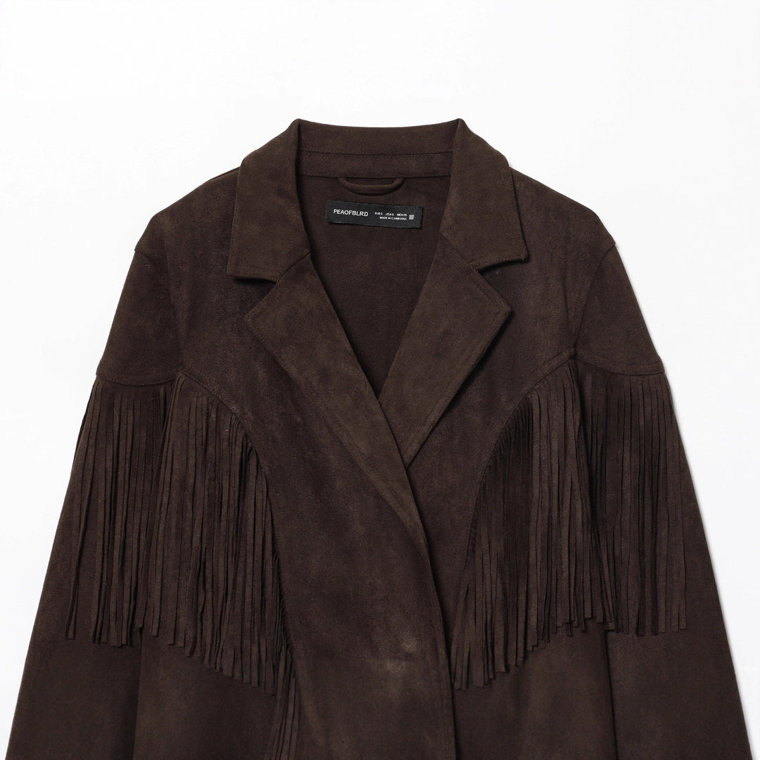 Dam kort mockajacka med lapel krage, boxy cropped skärning, och decorative fringes