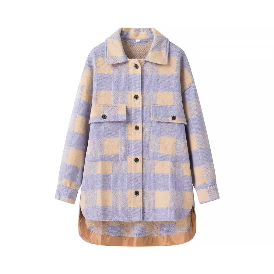 Dam oversize Checked Shacket med Patch bröstfickor och Rounded Hemline