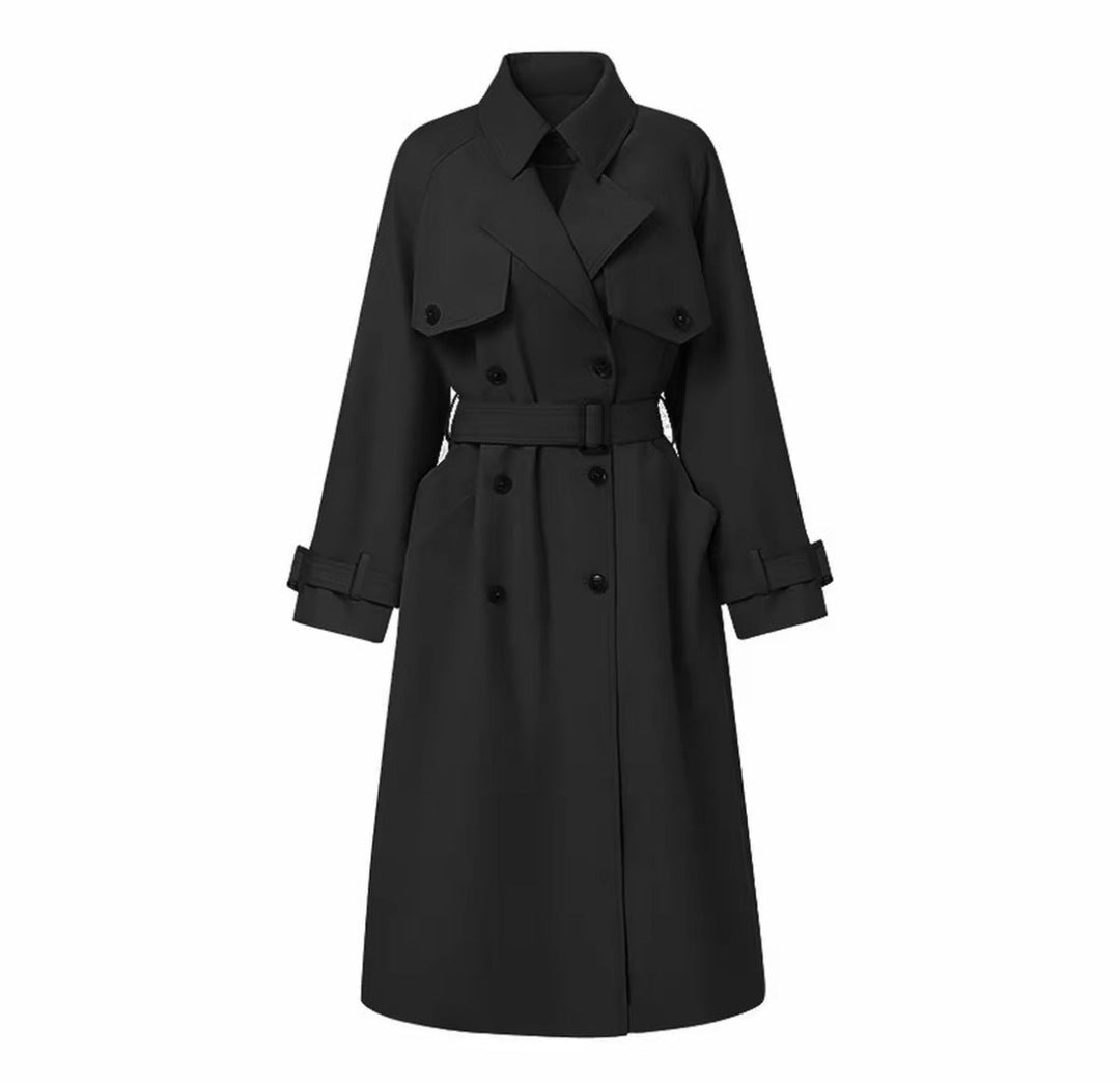 Dam elegant midi trenchcoat med oversize shoulder flap, gathered ärmar, och midja-defining knytband