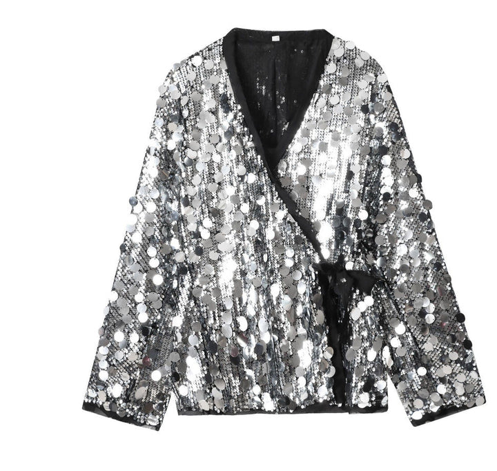 Dam 1900+ Wrap Blouson Jacka med Stora Sequins och Satin Ribbon