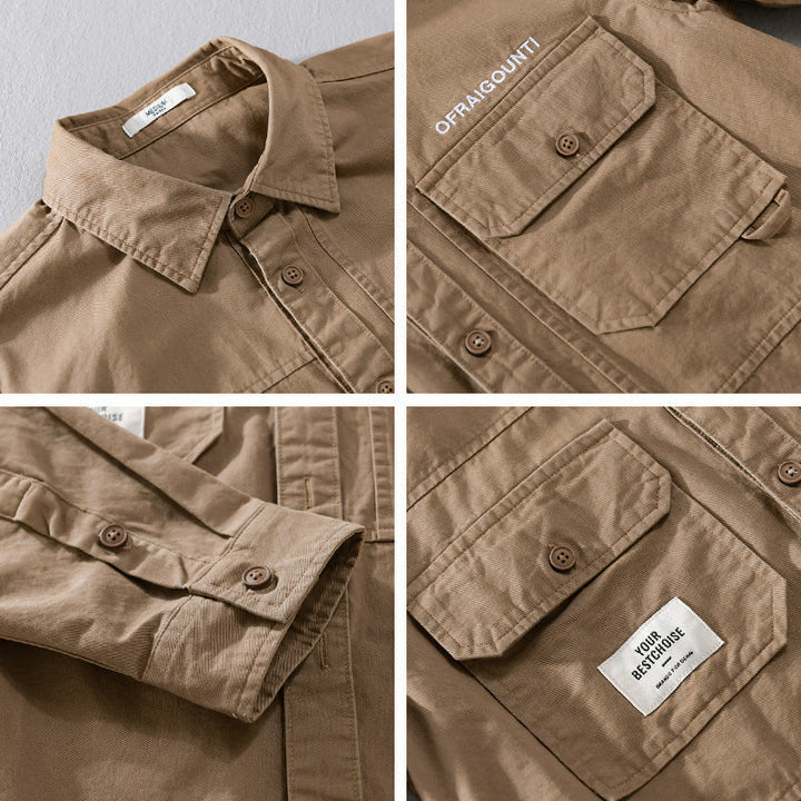 Herr Fält Overshirt i Militär Stil med Utanpå Bröstfickor och Avslappnad Passform