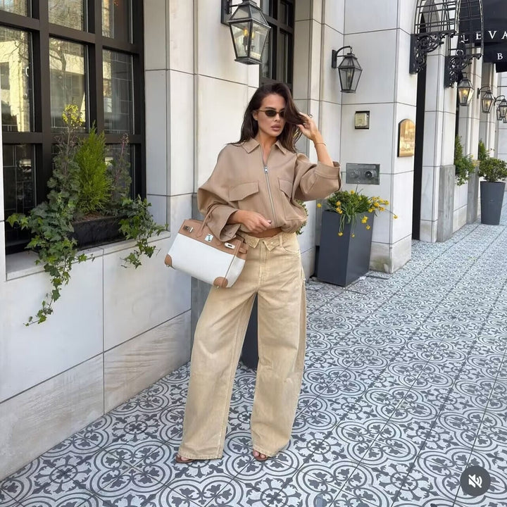 Dam Boxy kort Utility jacka med dragkedja Flap fickor och Elastic fåll