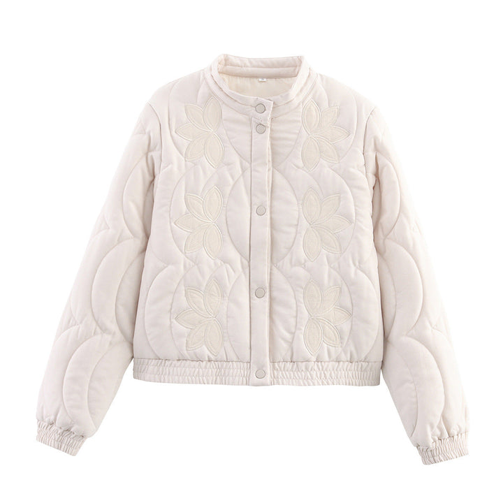 Dam kort kviltad Blouson med blommig kviltad Application, ståkrage och Elastic Waistband