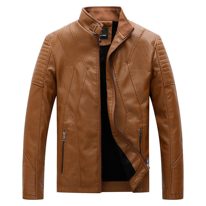 Herr Konstläder Moto Jacka med Geometric Quiltad Sömmar och Stående Krage