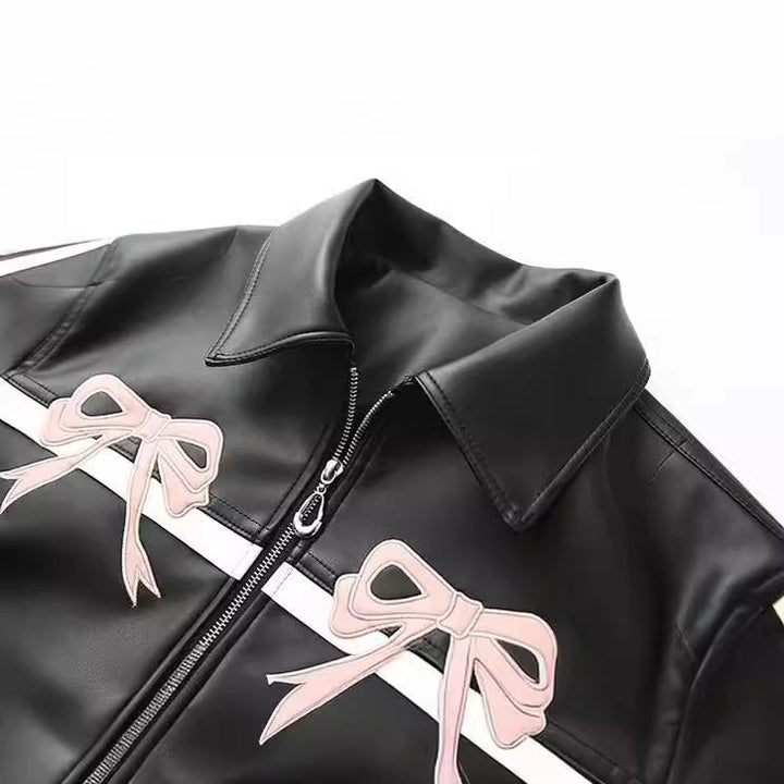 Dam sportig konstläderjacka med bow appliqué och kontrasterande side stripes