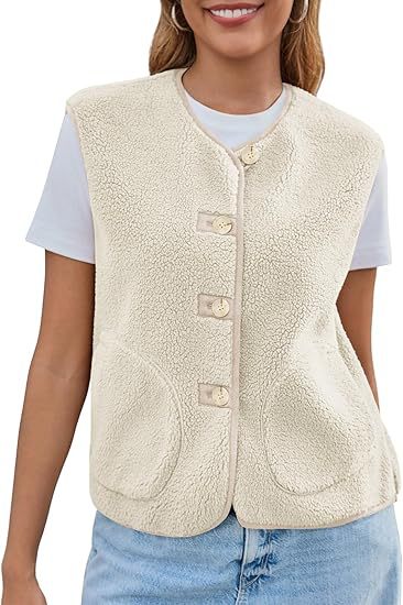 Dam teddy fleece väst med Round Neckline och knapp stängning