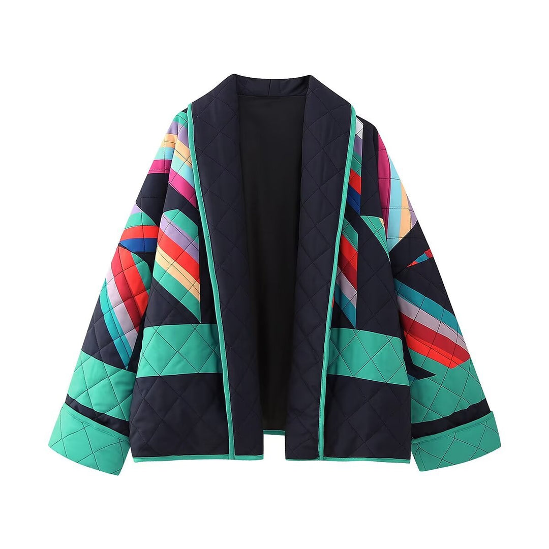 Dam quiltad oversized kimono jacka med graphic block tryck och piping