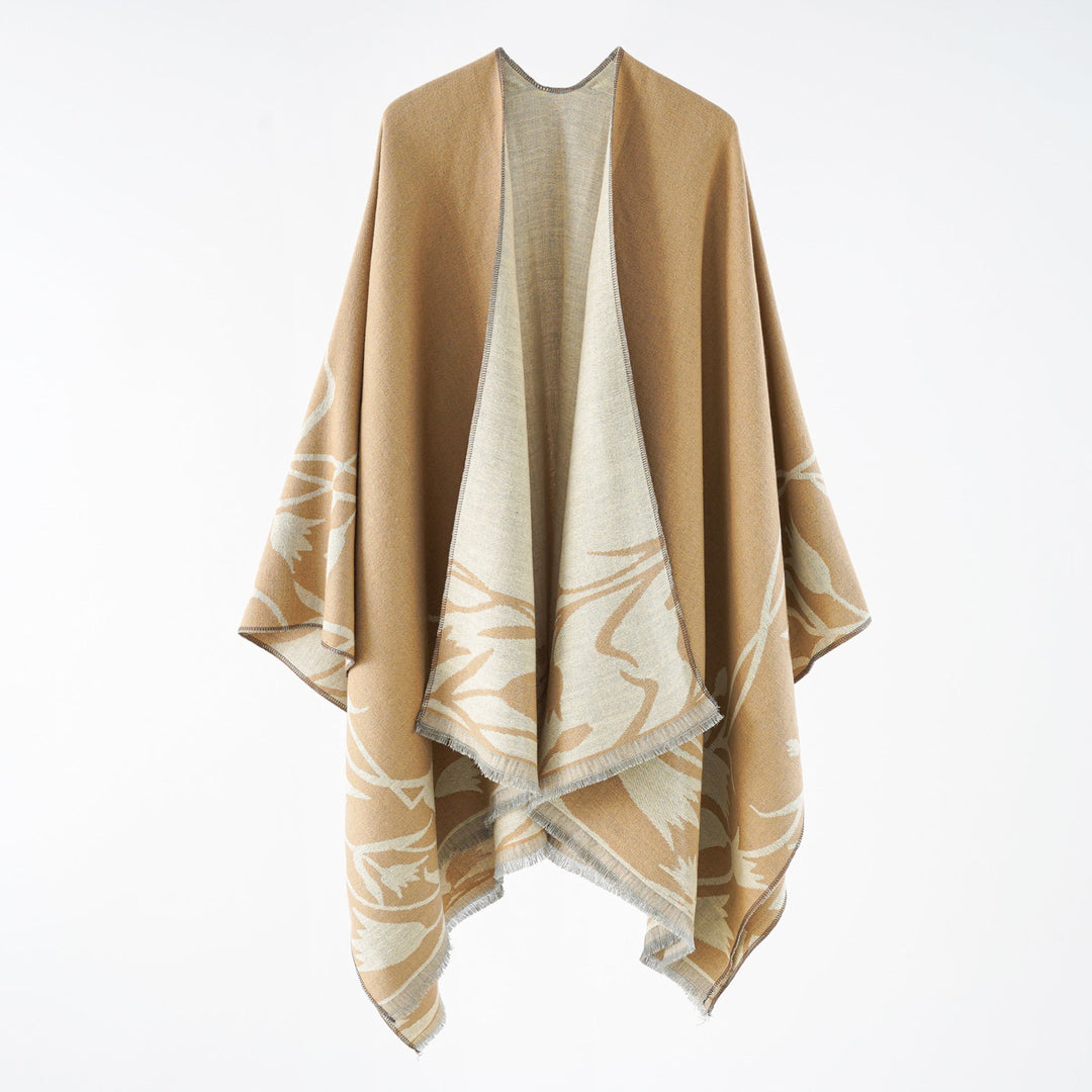 Dam Reversible oversized capeponcho tillverkad av ullblandning med Floral Jacquard Weaving