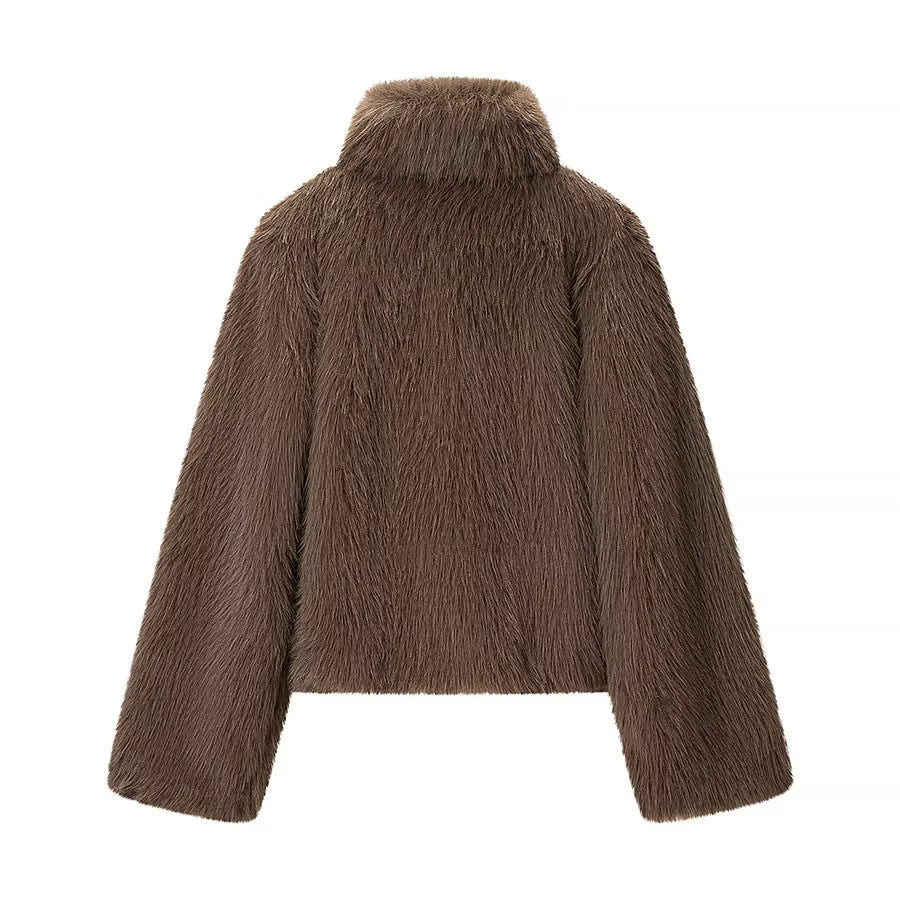 Dam kort vegan faux fur cropped jacka med high ståkrage och concealed front