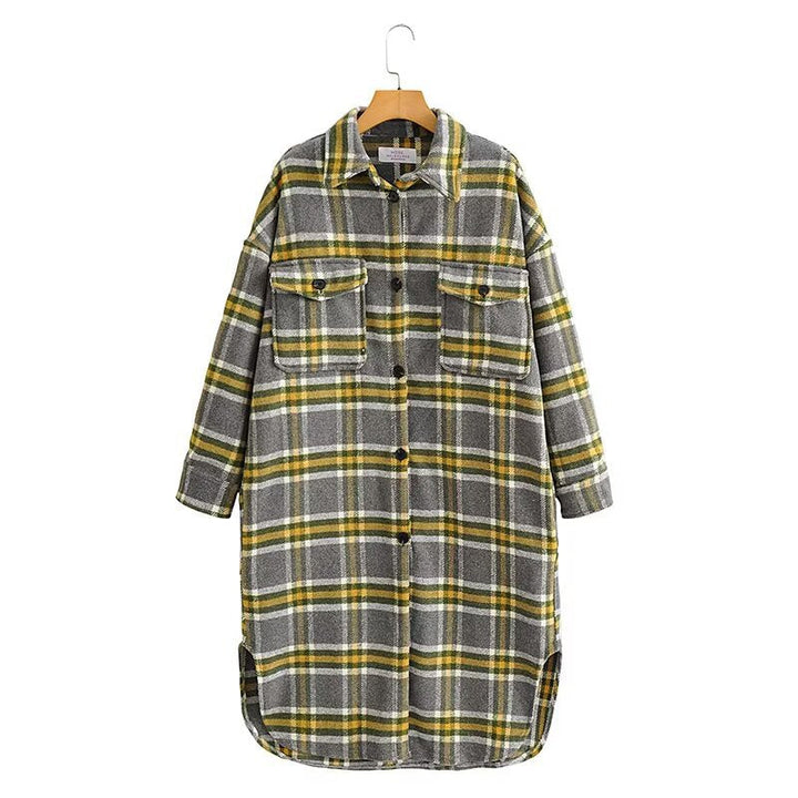 Dam Oversized Check Skjorta Jacka i Lång Modell Skärning med Lapp Bröst Fickor