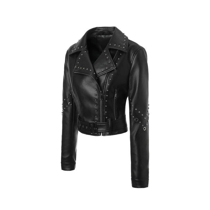 Dam kort konstläder bikerjacka med Studded Accents och vid midjebälte