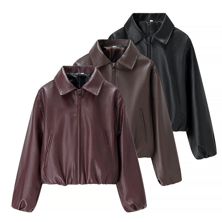 Dam kort skärning läder imitation blouson med dragkedja och elastic fåll
