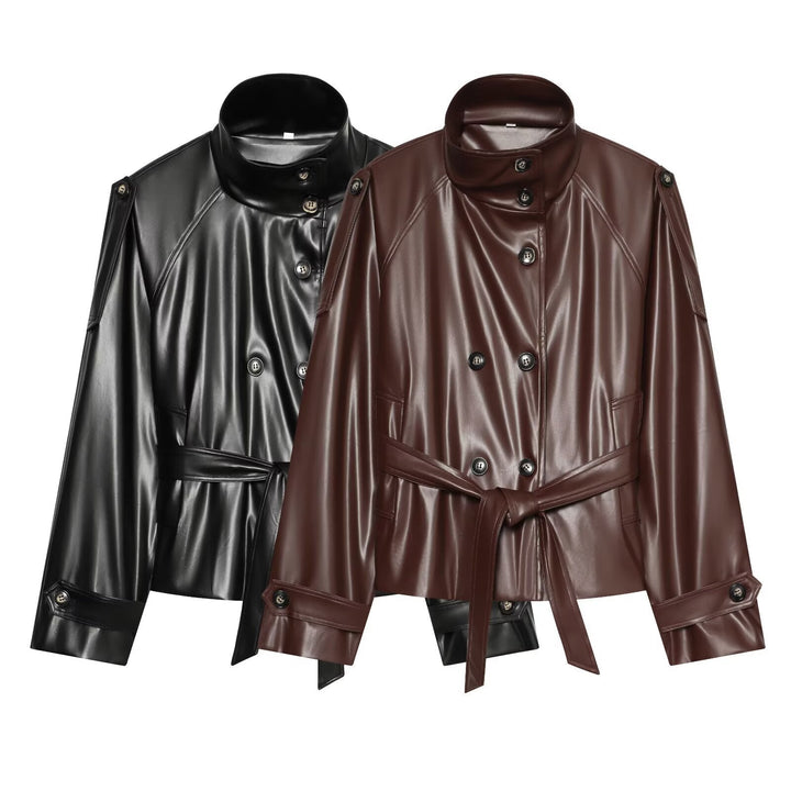 Dam Kort Trench Blouson i Läderlook med Waist Belt, Hög Standing Krage, och Double Knapp Knäppning