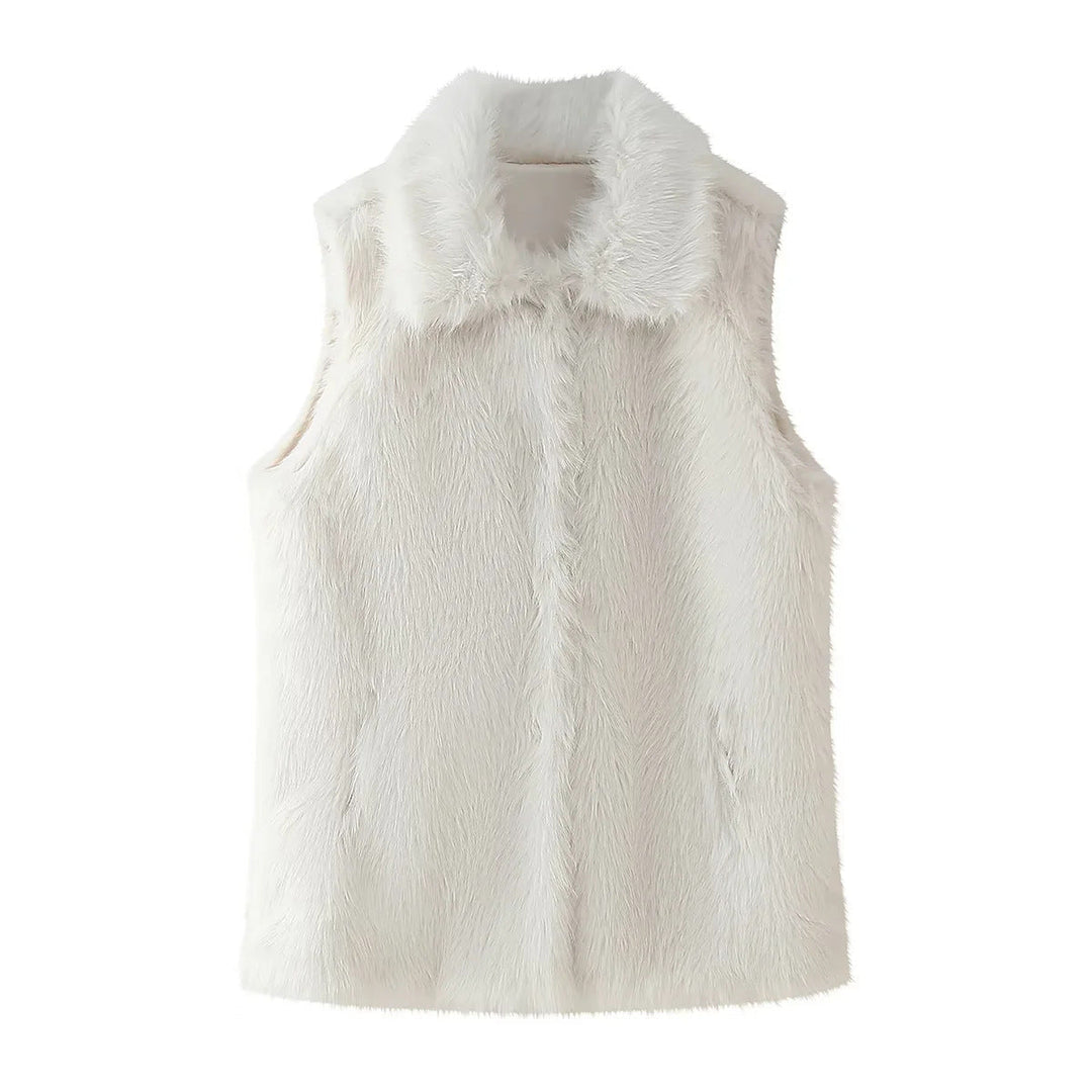 Dam sleeveless faux fur väst med bred sjalkrage, concealed snap knäppning och värmande foder