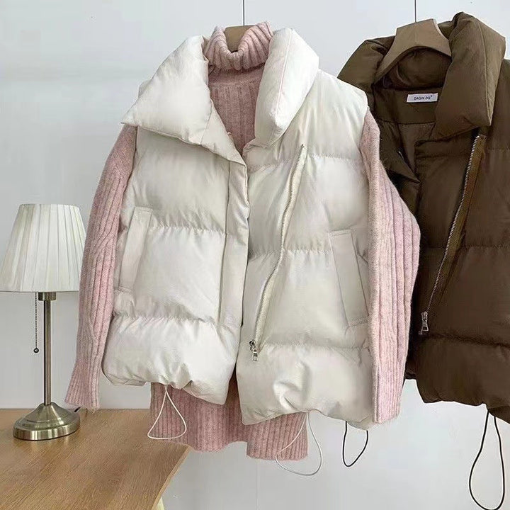 Dam non-vadderad quiltad väst med voluminous sjalkrage, concealed two-way dragkedja och adjustable drawstring fåll