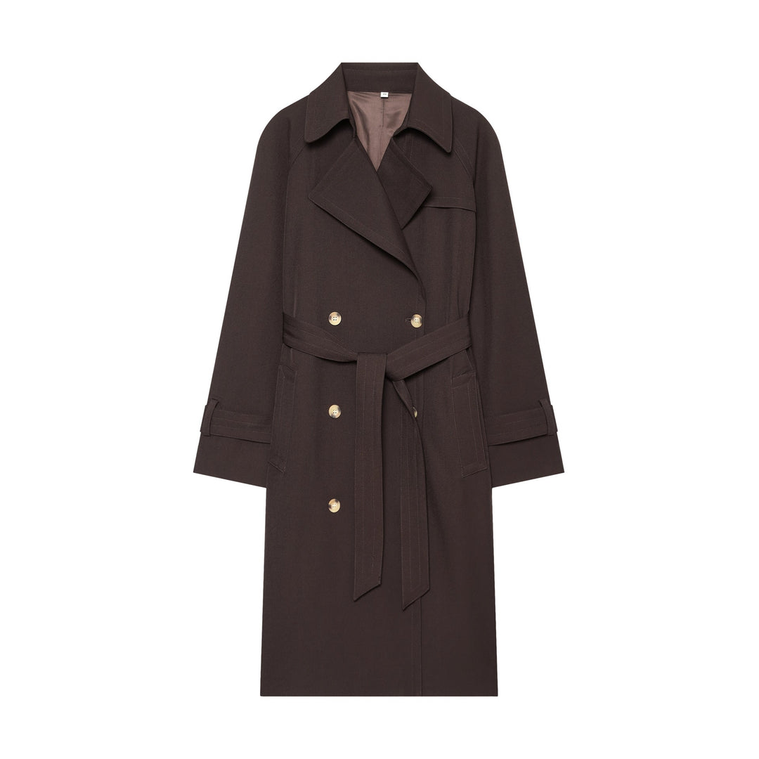 Dam elegant utility trench med bred lapels, bälte tie och påsydda fickor