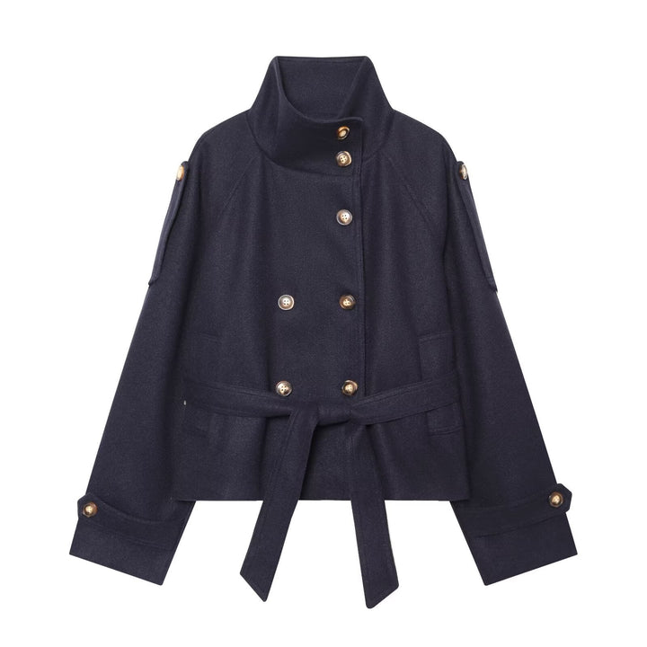 Dam Kort Cape Tillverkad av Ull Blend med Hög Stå Krage, Double-Breasted och Tie Belt