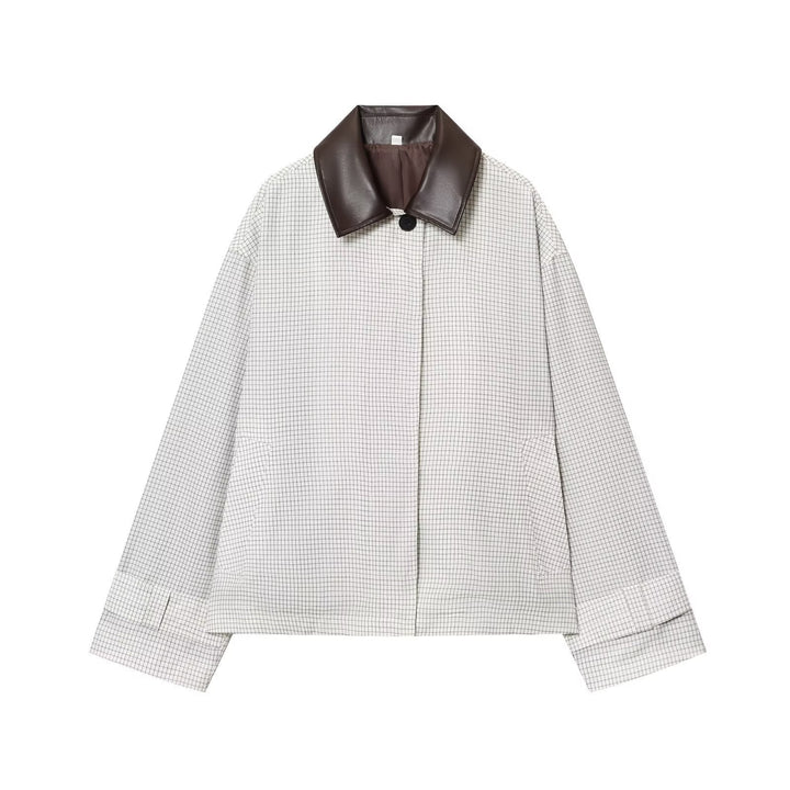 Dam 50+ Oversize Kort Blouson Jacka med Check Mönster och Contrast Krage