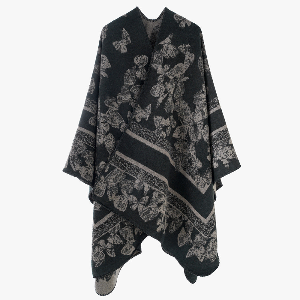 Dam Jacquard capeponcho med Butterfly mönster och ullblandning look