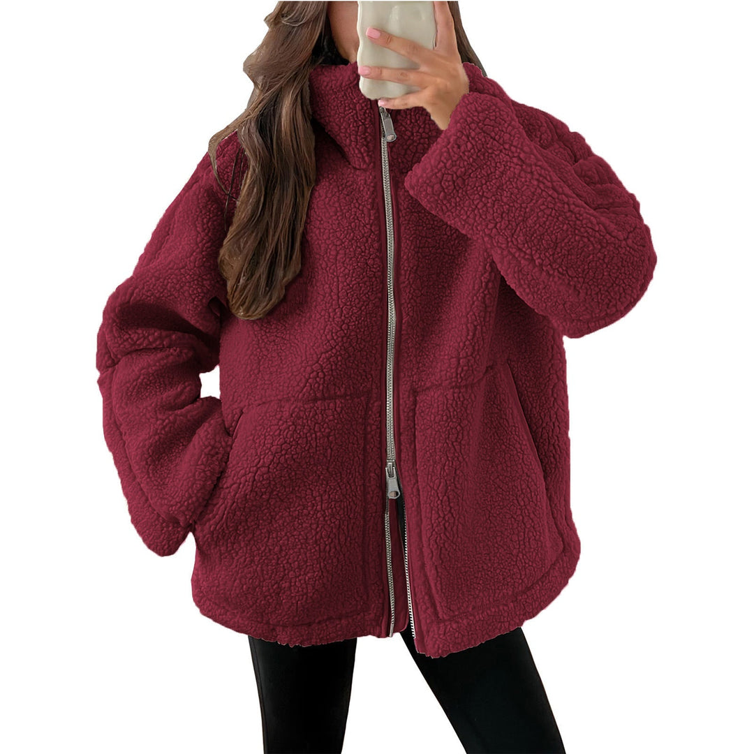 Dam oversized teddy fleecejacka med ståkrage och full-length dragkedja