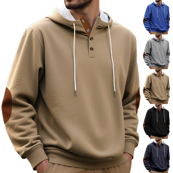 Herr med Huva College-Tröja i Puristic Leisure Stil med Henley Knapplist, Contrasted Huva Interior, och Elbow Lappar