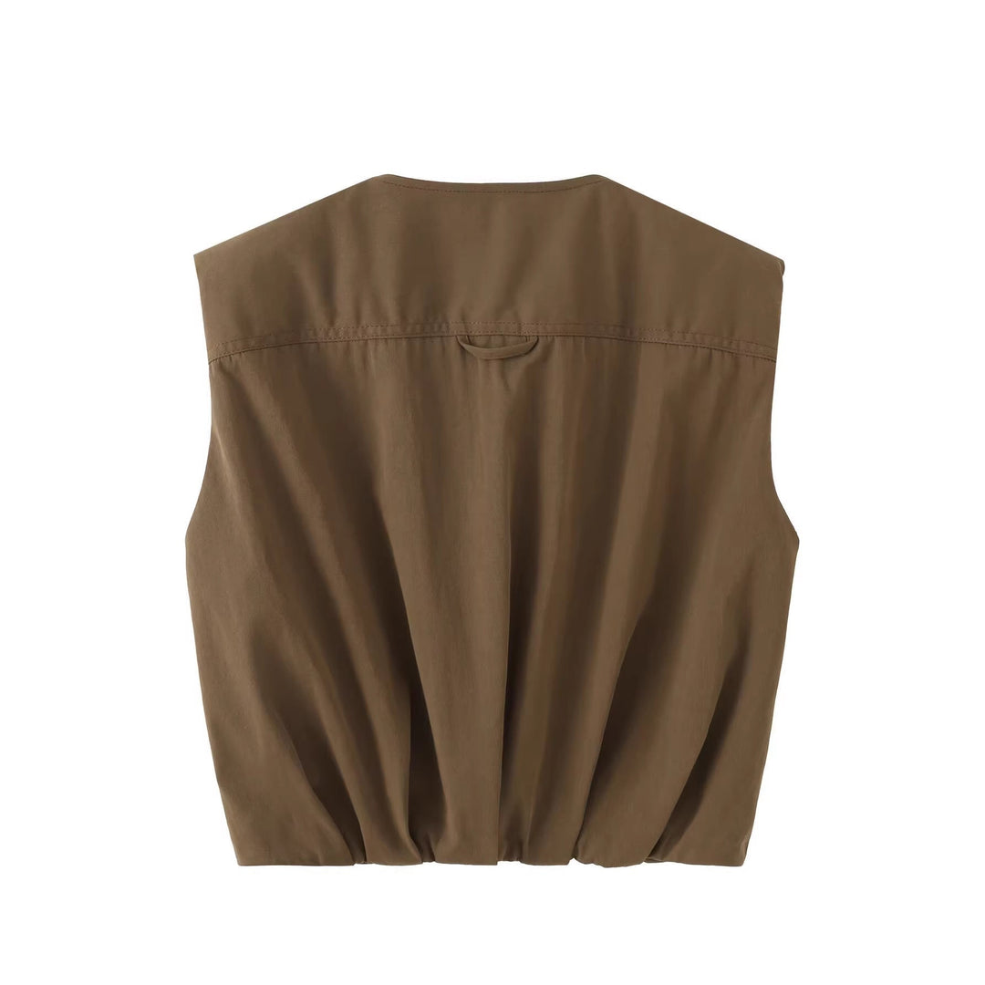 Dam Sleeveless Utility Väst med Draped Front och Chest Dragkedja Fickor