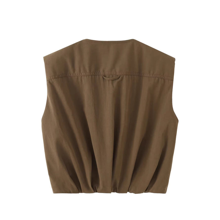 Dam Sleeveless Utility Väst med Draped Front och Chest Dragkedja Fickor