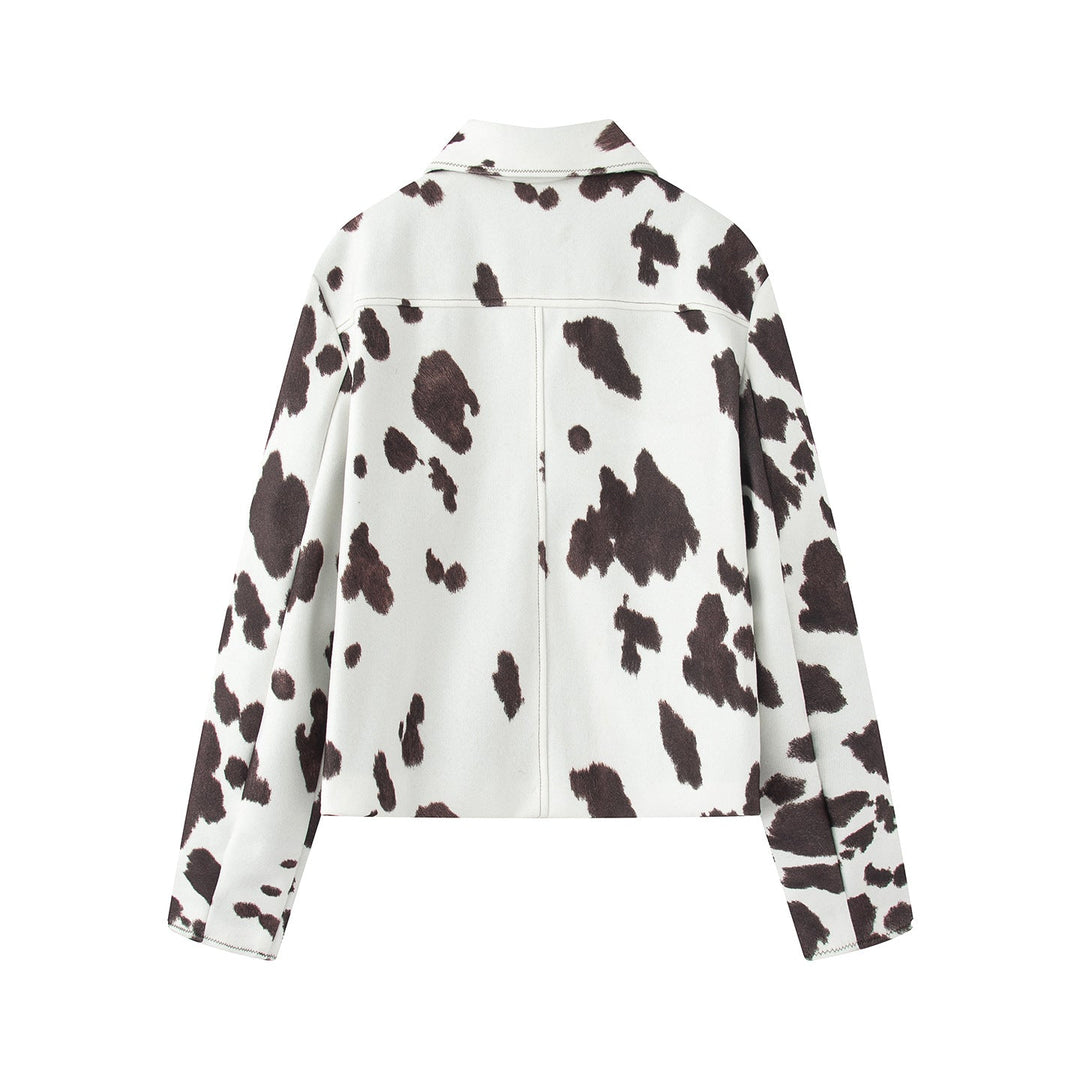 Dam cropped shirt jacka med cow tryck, boxy silhuett och snap knäppning
