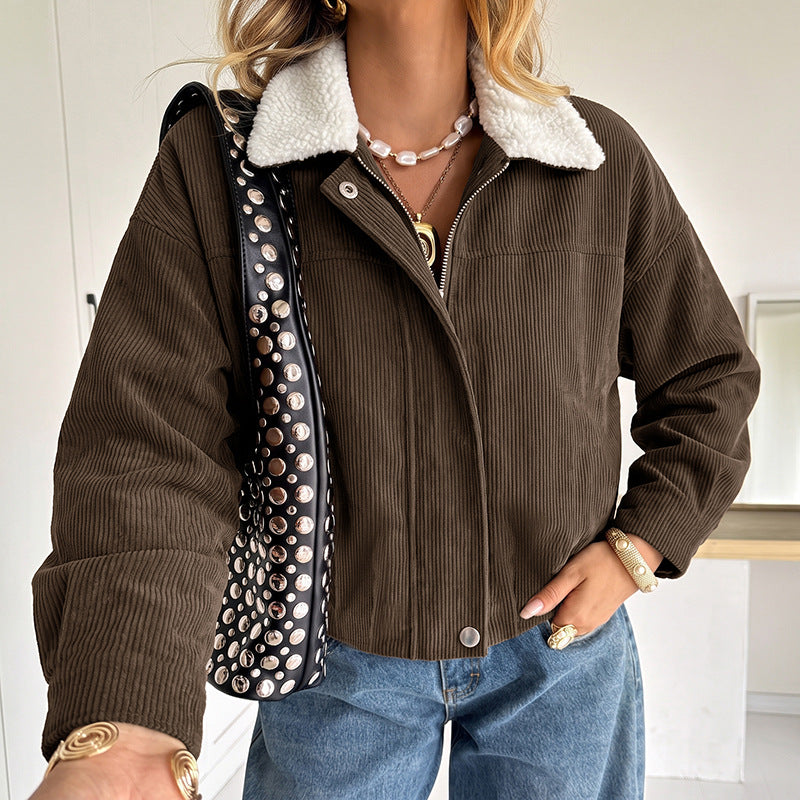 Dam Modern Cord Jacka med Fleece Krage